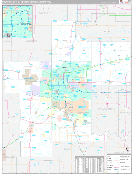 Oklahoma City, OK Metro Area Zip Code Wall Map Premium Style by